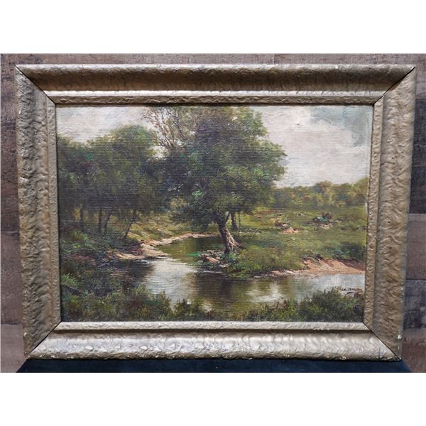 Country Stream & Tree Painting by Artist L.H. Lemong 17" x 13", Framed