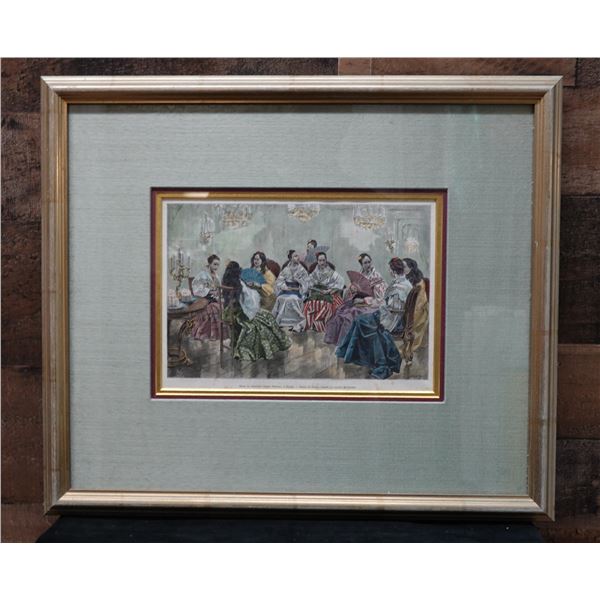 Salon du Negociant Chinois Narcisso Hand Colored Engraving by Bertrand 19" x 16", Framed & Matted