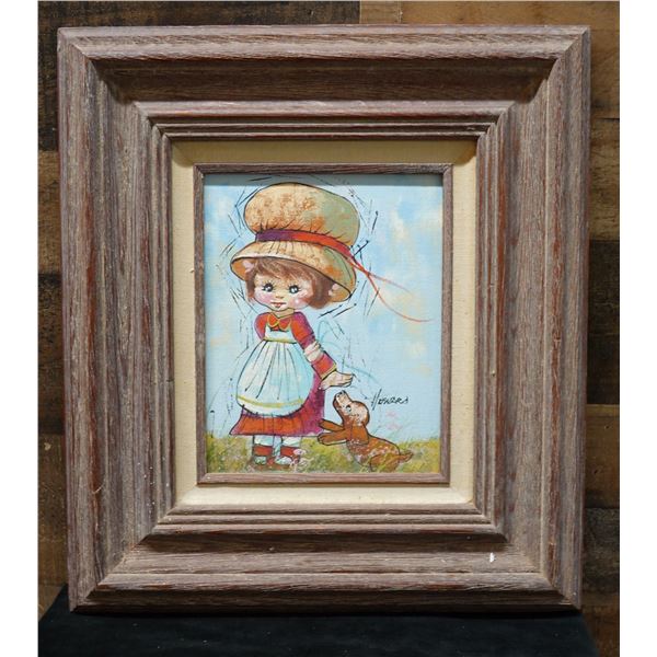 Girl with Dog Oil Painting by Howard 16" x 18", Framed