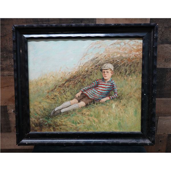 Swedish Boy on Grass Artwork by Oscar Lindstrom 1928, 22" x 19", Framed