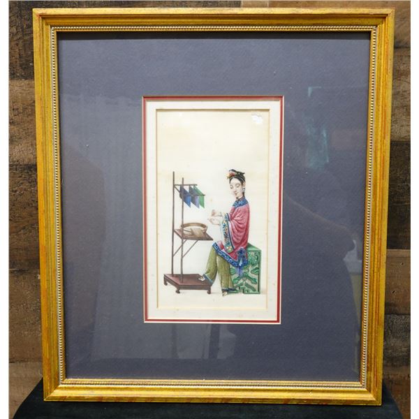 Chinese Pith Painting of a Lady Circa 19th Century 17" x 15", Framed & Matted
