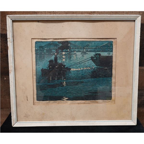 One Light Tugboat Art Print Numbered 4/100 by Woldemar Neufeld 12.5" x 15", Framed & Matted