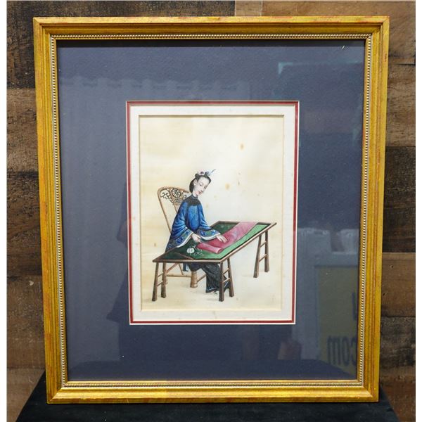 Chinese Pith Painting of a Lady Circa 19th Century 15.5" x 17", Framed & Matted