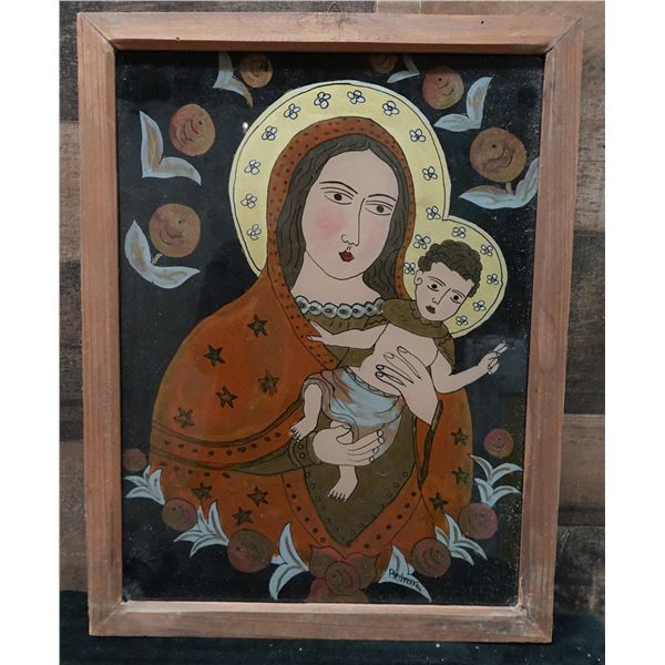Folk Art Religious Artwork by Bednan w/ Note 'Poland Mary' 13" x 17", Framed