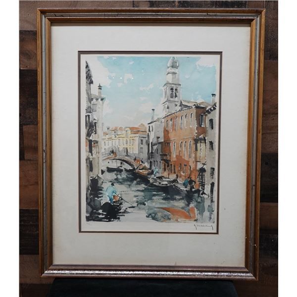 Venice Canal Scene Art Print Numbered 205/350 by Hebbelinck (?) 21" x 25", Framed & Matted