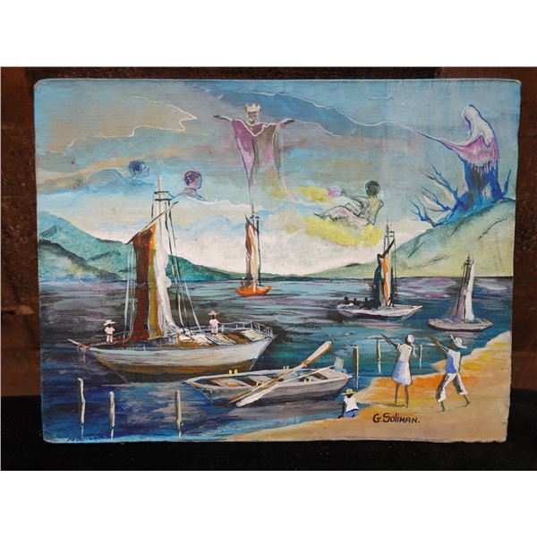 Folk Art Seascape Artwork by G. Soliman 8" x 6", Unframed