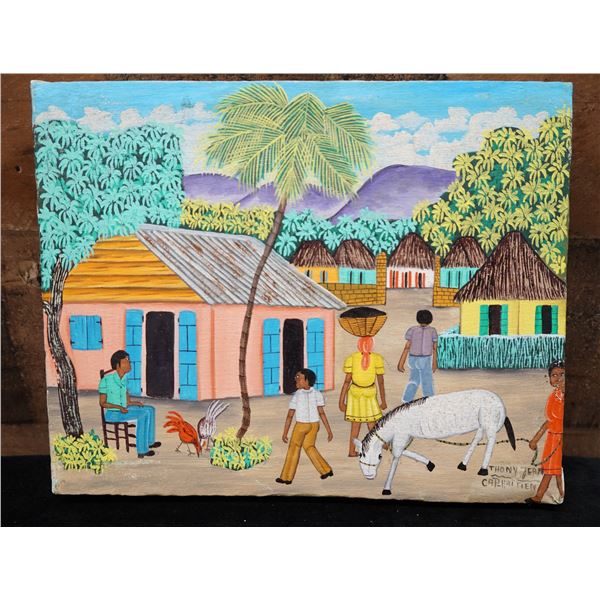 Folk Art Village Scene Artwork by Haitian Artist Thony Jean 10" x 8", Unframed