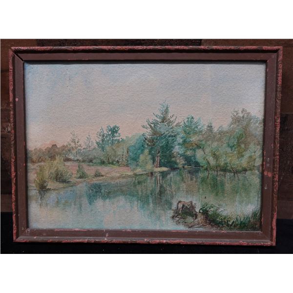 Landscape Scene Watercolor Painting w/ Handwritten Note on Back 11" x 8", Framed
