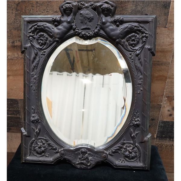 Victorian Mirror Reproduction w/ Tag 'Rare Carved Ebony Mirror' AH, 16" x 14"