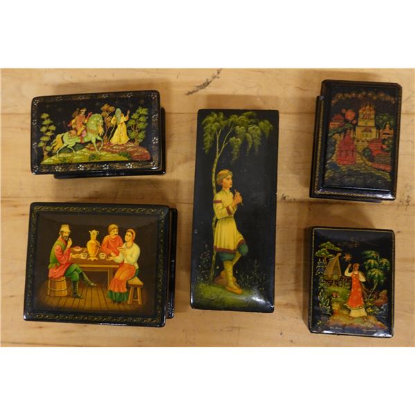 Qty 5 Russian Lacquer Boxes w/ Folk Scenes & Lids, Misc Sizes