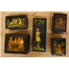 Image 1 : Qty 5 Russian Lacquer Boxes w/ Folk Scenes & Lids, Misc Sizes