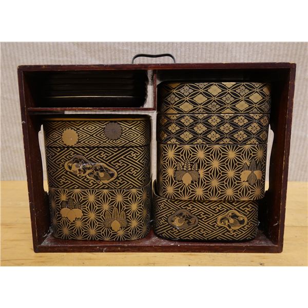 Qty 7 Antique Japanese Meiji Period Lacquer Box Set in Case Approx. 4" x 4" x 2"H each