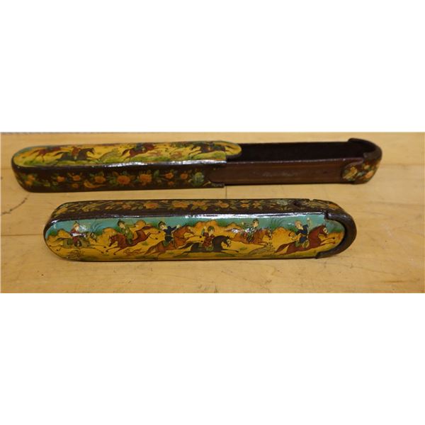 Qty 2 Persian Lacquered Pen Boxes1.5" x 8.5"