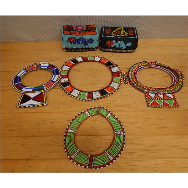 Qty 2 New Guinea Batak Tribal Bead Boxes w/ Lids & 4 Beaded Collars, Misc Sizes