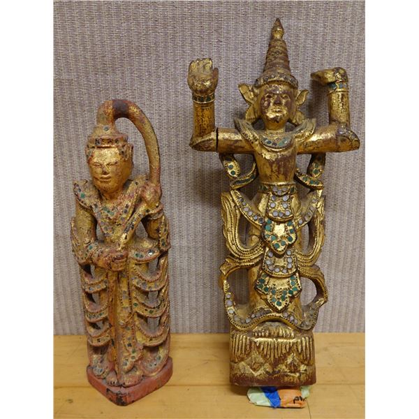 Qty 2 Vintage Burmese Temple Figures 6" Dia, 13"H & 4" Dia, 11"H