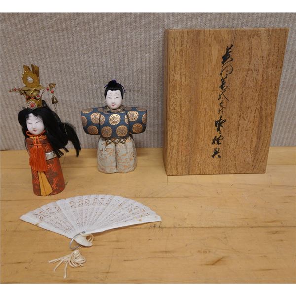 Qty 2 Japanese Dolls Approx. 7"-8"H  w/ Fan in Wooden Box w/ Calligraphy