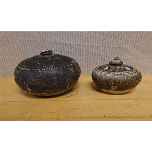 Qty 2 Cambodian Khmer Glazed Stoneware Jars w/ Lids Circa 12-13th Century, Misc Sizes