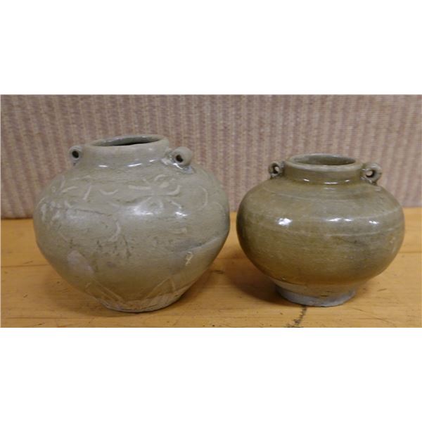Qty 2 Chinese Celadon Glazed Pottery Jars Circa 15-16th Century, Misc Sizes