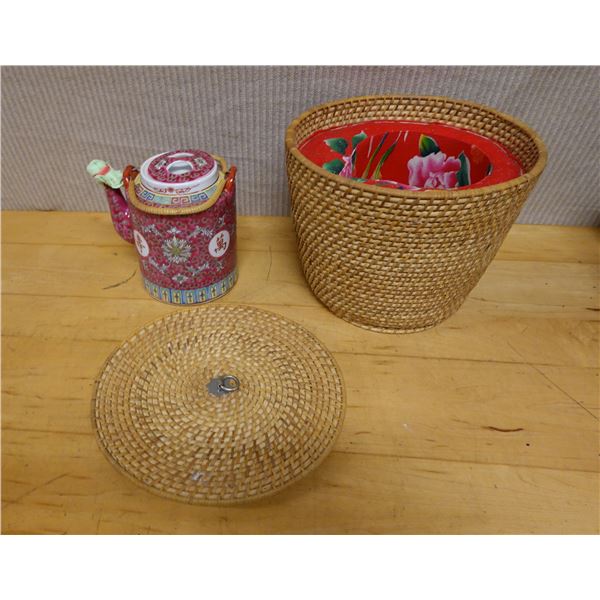 Chinese Tea Set w/ Porcelain Tea Pot & Woven Wicker Warming Basket, Misc Sizes