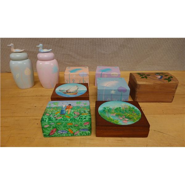 Haitian Wooden Hand-Painted Box, 8 Trinket Boxes & 2 Duck Jars, Misc Sizes