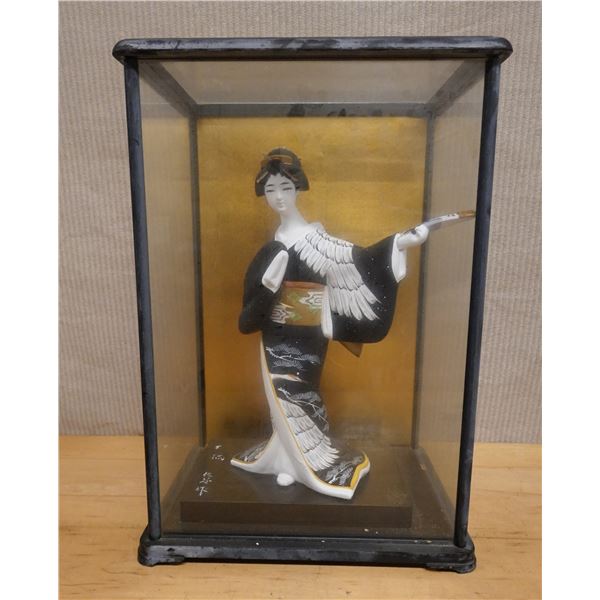 Japanese Geisha Figurine w/ Calligraphy in Glass Case 13" x 10.5" x 19"H