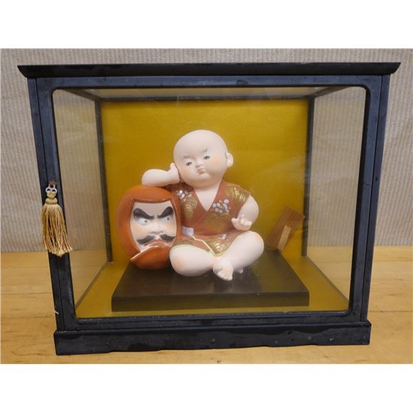 Japanese Boy Figurine w/ Daruma  in Glass Case 14" x 9" x 12.5"H