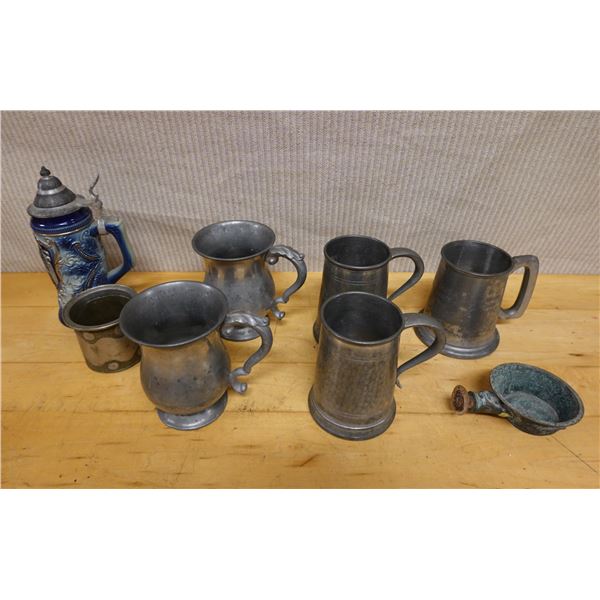 Qty 8 Metal Vessels: Stein, Mugs, Pan, etc Misc Sizes