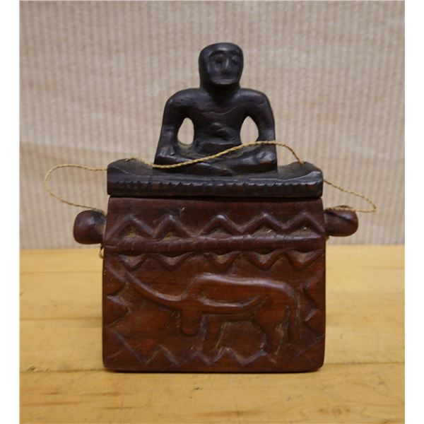 Indonesian Hardwood Box w/ Seated Man on Lid & Handles 6" x 2.5" x 7"H