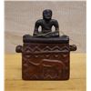 Image 1 : Indonesian Hardwood Box w/ Seated Man on Lid & Handles 6" x 2.5" x 7"H