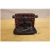 Image 2 : Indonesian Hardwood Box w/ Seated Man on Lid & Handles 6" x 2.5" x 7"H