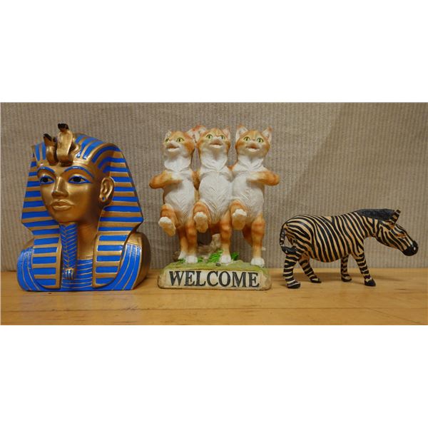 Qty 3 Figurines: Egyptian King Tut Bust, 3 Cat Welcome Statue & Zebra, Misc Sizes