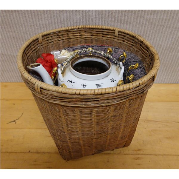 Chinese Tea Set w/ Porcelain Tea Pot & Woven Wicker Warming Basket, Misc Sizes (no lids)