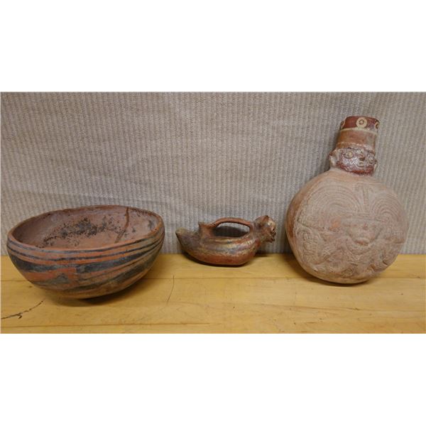 Qty 3 Pre-Columbian Pottery Vessels: Bowl, Flask & Animal Ewer, Misc Sizes (repaired)