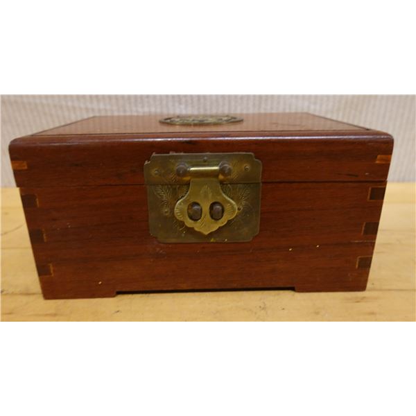 Chinese Rosewood Jewelry Box w/ Metal Handles 9" x 6.5" x 4.5"H