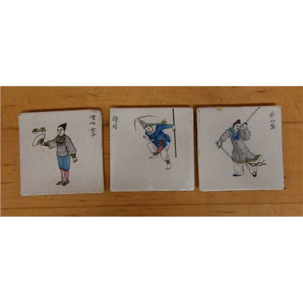 Qty 3 Chinese Tiles w/ Painted Figures Signed LR 5" x 5"