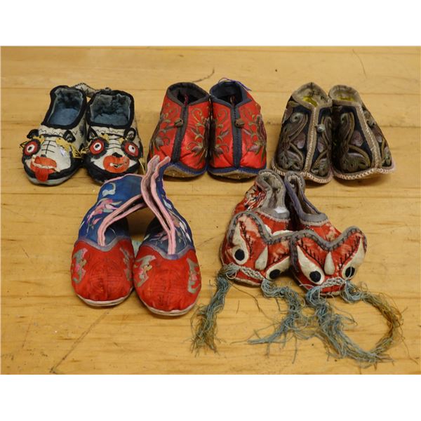 Qty 5 Pair Vintage Embroidered Chinese Footwear,  Misc Styles & Sizes