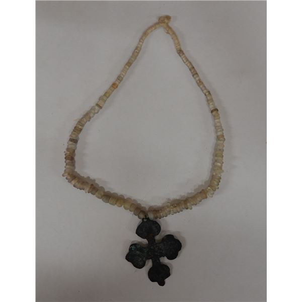 Beaded Necklace w/ Metal Patina Cross Pendant 34"L