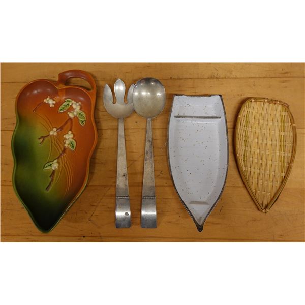 Floral Leaf Dish, Woven Tray, Stoneware Plate & 2 Metal Utensils, Misc Sizes