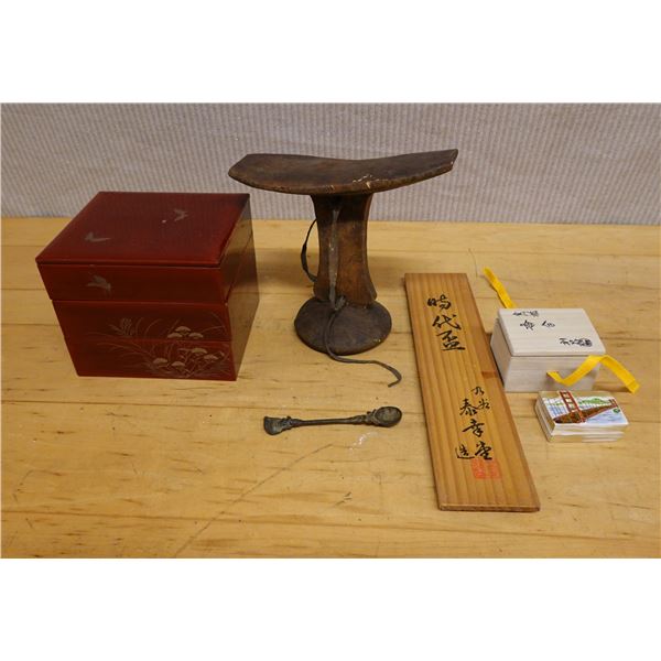 Set Japan Tea Ceremony Utensils: Tiered Lacquer Box, Wooden Stand, Plaque, Spoon, etc Misc Sizes