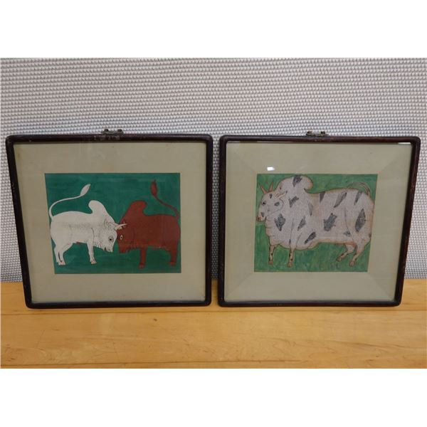 Qty 2 Asian Folk Artworks, Framed & Matted 15" x 14"