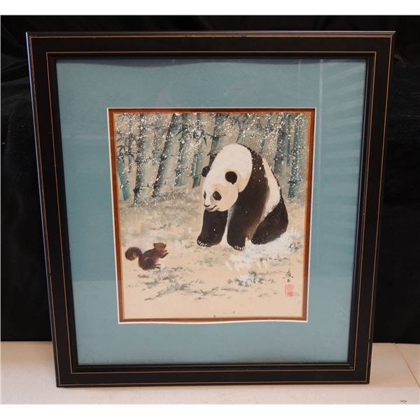 Panda w/ Squirrel Artwork w/ Asian Calligraphy Mark, Framed & Matted 16.5" x 18"