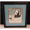 Image 1 : Panda w/ Squirrel Artwork w/ Asian Calligraphy Mark, Framed & Matted 16.5" x 18"