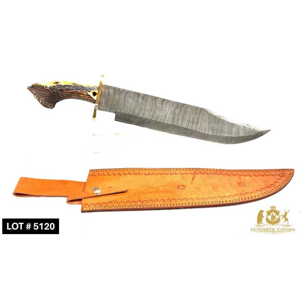 CUSTOM BOWIE KNIFE MADE OF DAMASCUS STEEL AND STAGHORN HANDLE