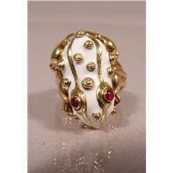 A David Webb White Enamel and Ruby Frog Ring,