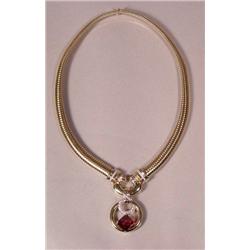 A 14 kt Yellow Gold, Diamond and Garnet Necklace,