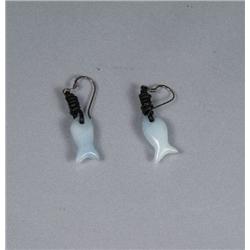 A Pair of Sterling Silver Jade Fish Form Earrings,