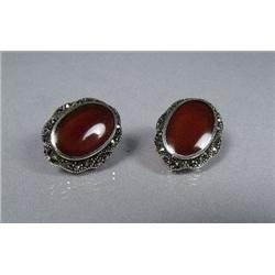 A Pair of Sterling Silver, Marcasite and Carnelian Earrings.