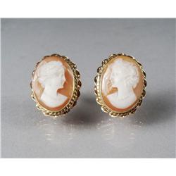 A Pair of 14 kt Yellow Gold and Carved Shell Cameo Earrings.