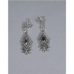 A Pair of Silver Marcasite and Amethyst Drop Earrings.