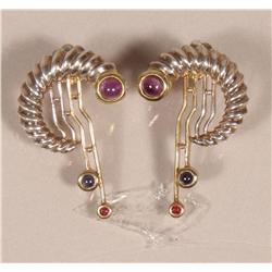 A Pair of Sterling Silver, Gold Vermeil, Amethyst, Sapphire and Rhodolite Garnet Earrings,
